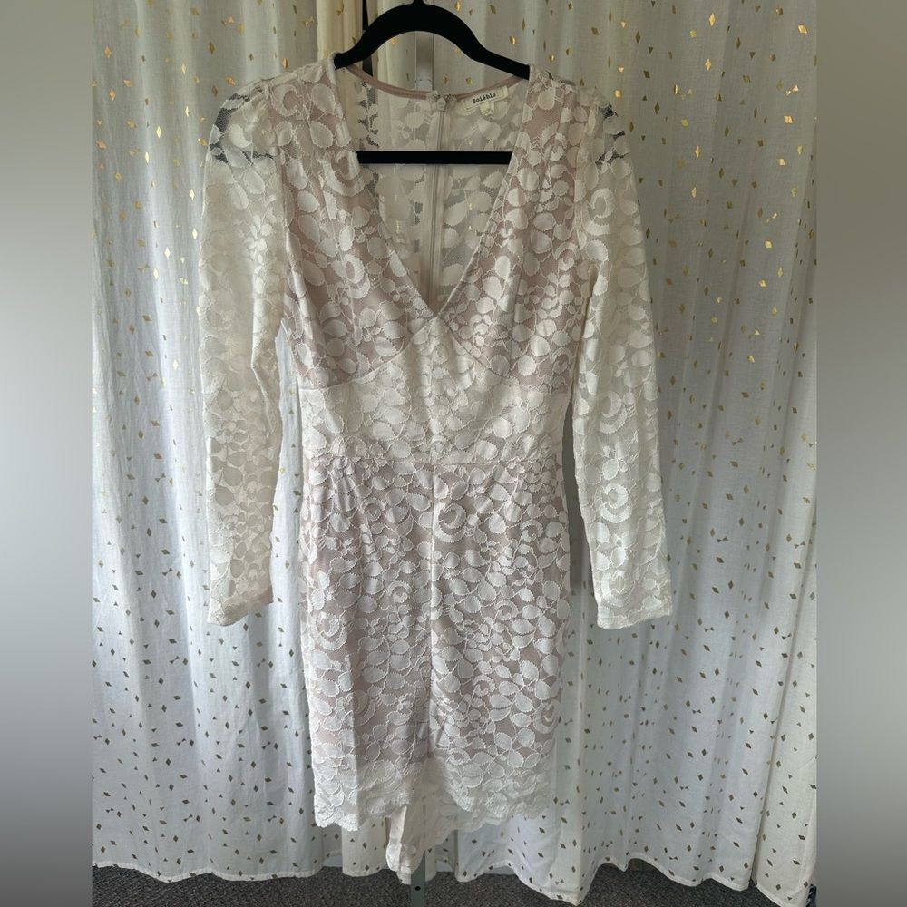 Soieblu Lace Plunge V Neck Long Sleeve Slight Hi Lo Bodycon Cocktail Dress M